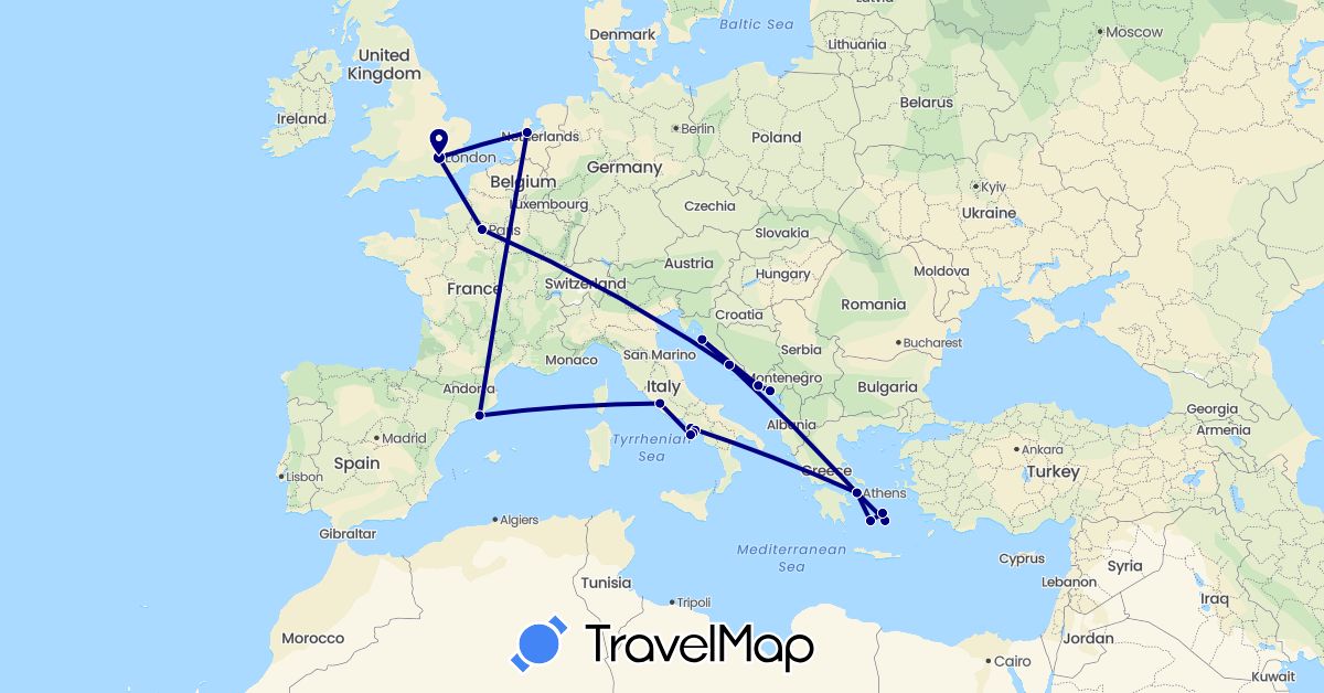 TravelMap itinerary: driving in Spain, France, United Kingdom, Greece, Croatia, Italy, Montenegro, Netherlands (Europe)